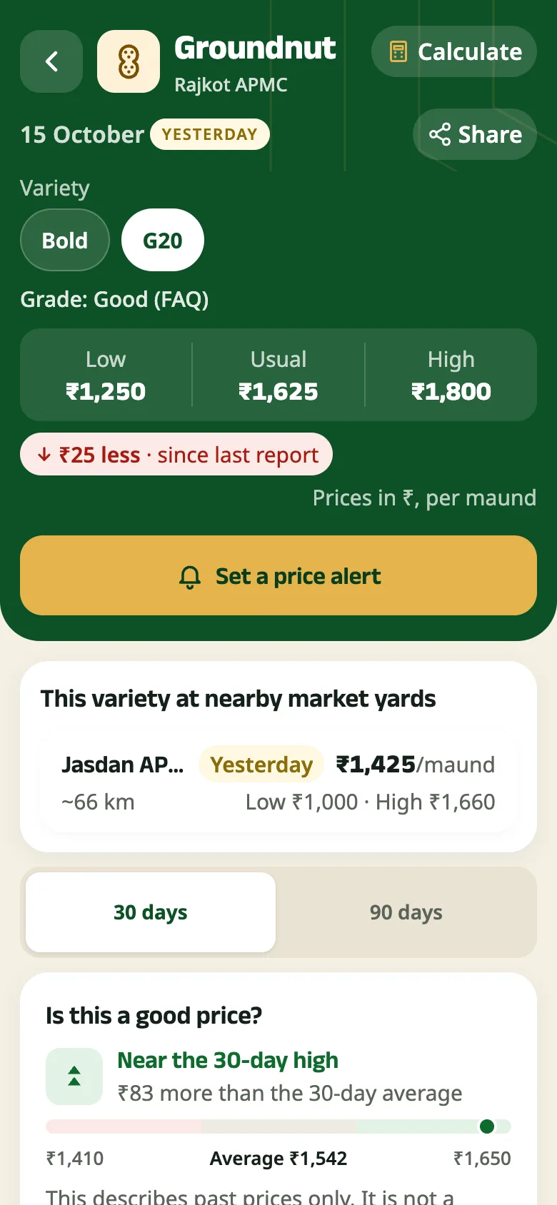A crop’s screen: the price for the chosen variety and grade, the trend and nearby yards
